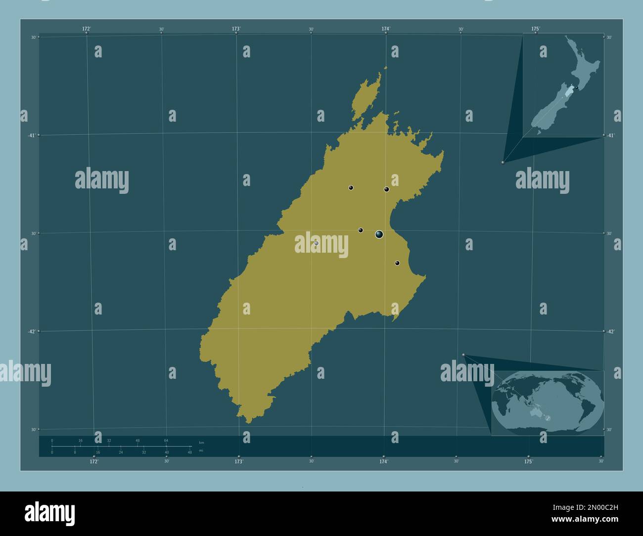 Marlborough, unitary authority of New Zealand. Solid color shape. Locations of major cities of the region. Corner auxiliary location maps Stock Photo