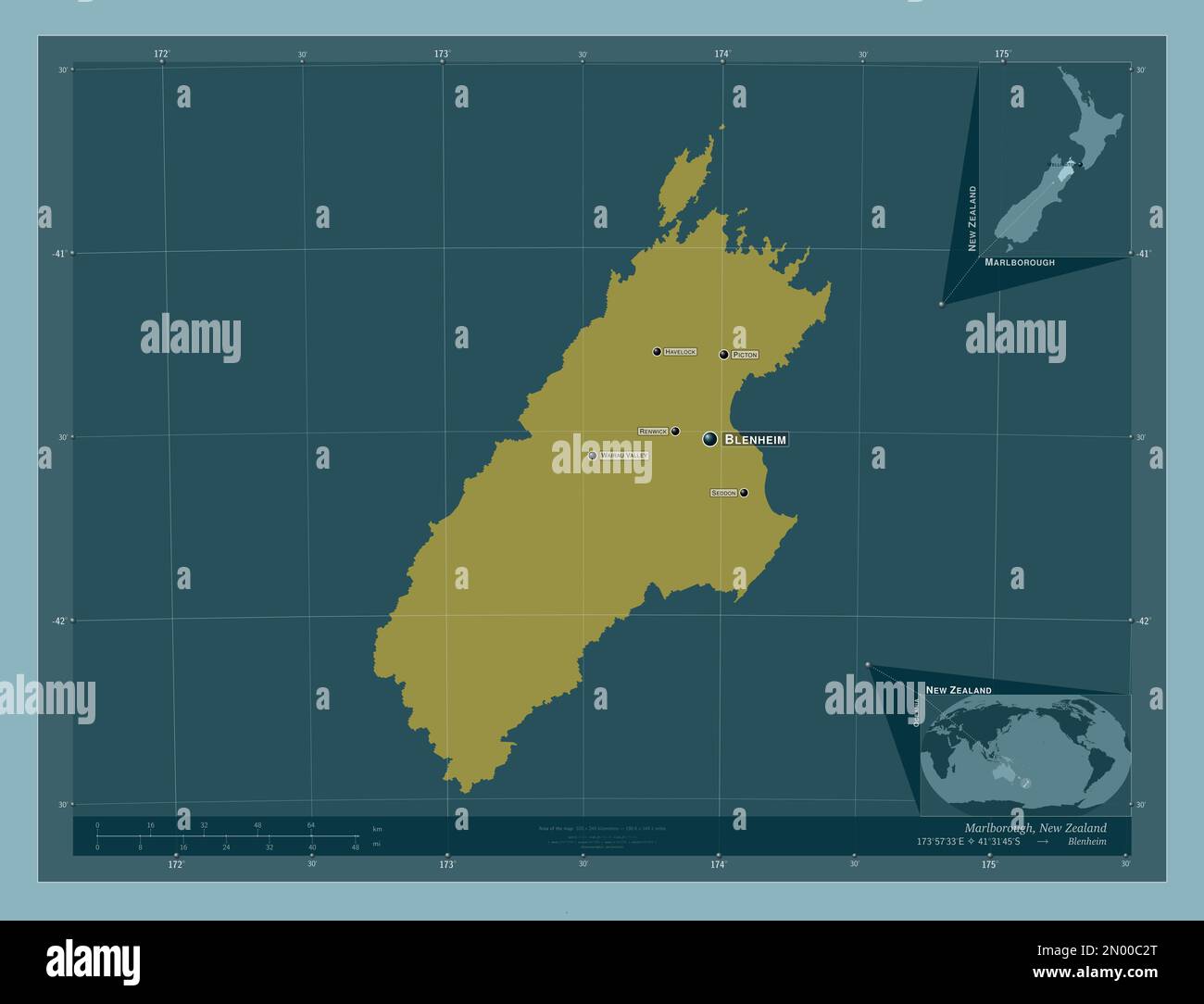 Marlborough, unitary authority of New Zealand. Solid color shape. Locations and names of major cities of the region. Corner auxiliary location maps Stock Photo