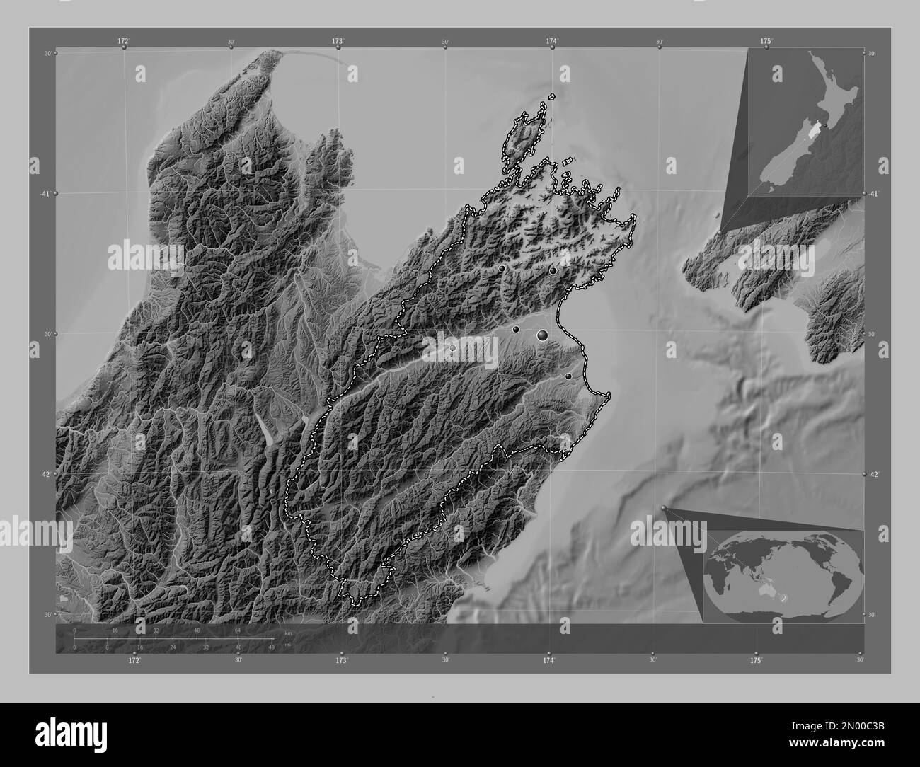 Marlborough, unitary authority of New Zealand. Grayscale elevation map with lakes and rivers. Locations of major cities of the region. Corner auxiliar Stock Photo