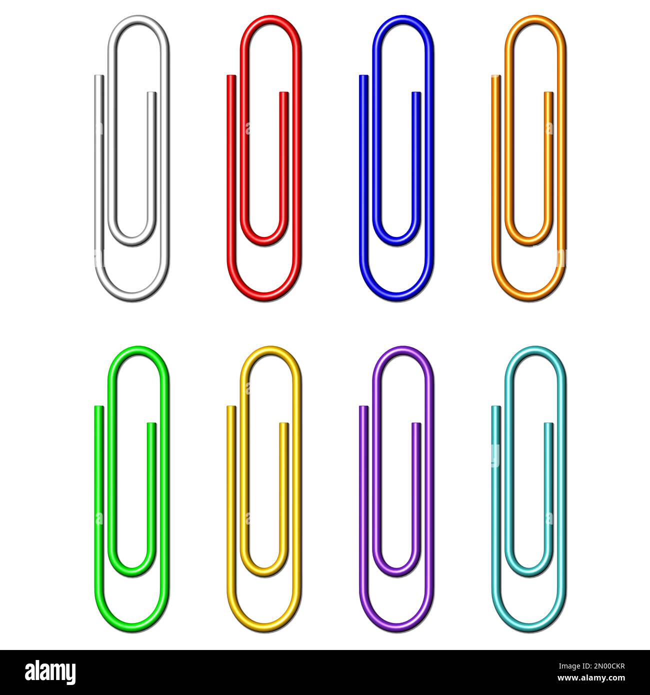 3d illustration. Set of paper clips in various colors on white paper