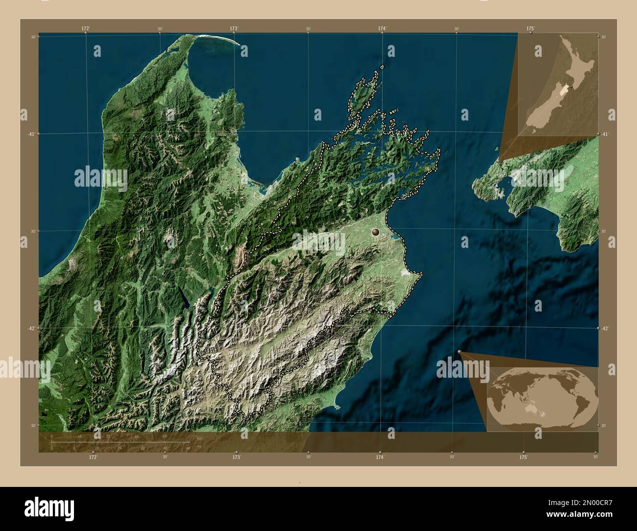 Marlborough, unitary authority of New Zealand. Low resolution satellite map. Corner auxiliary location maps Stock Photo