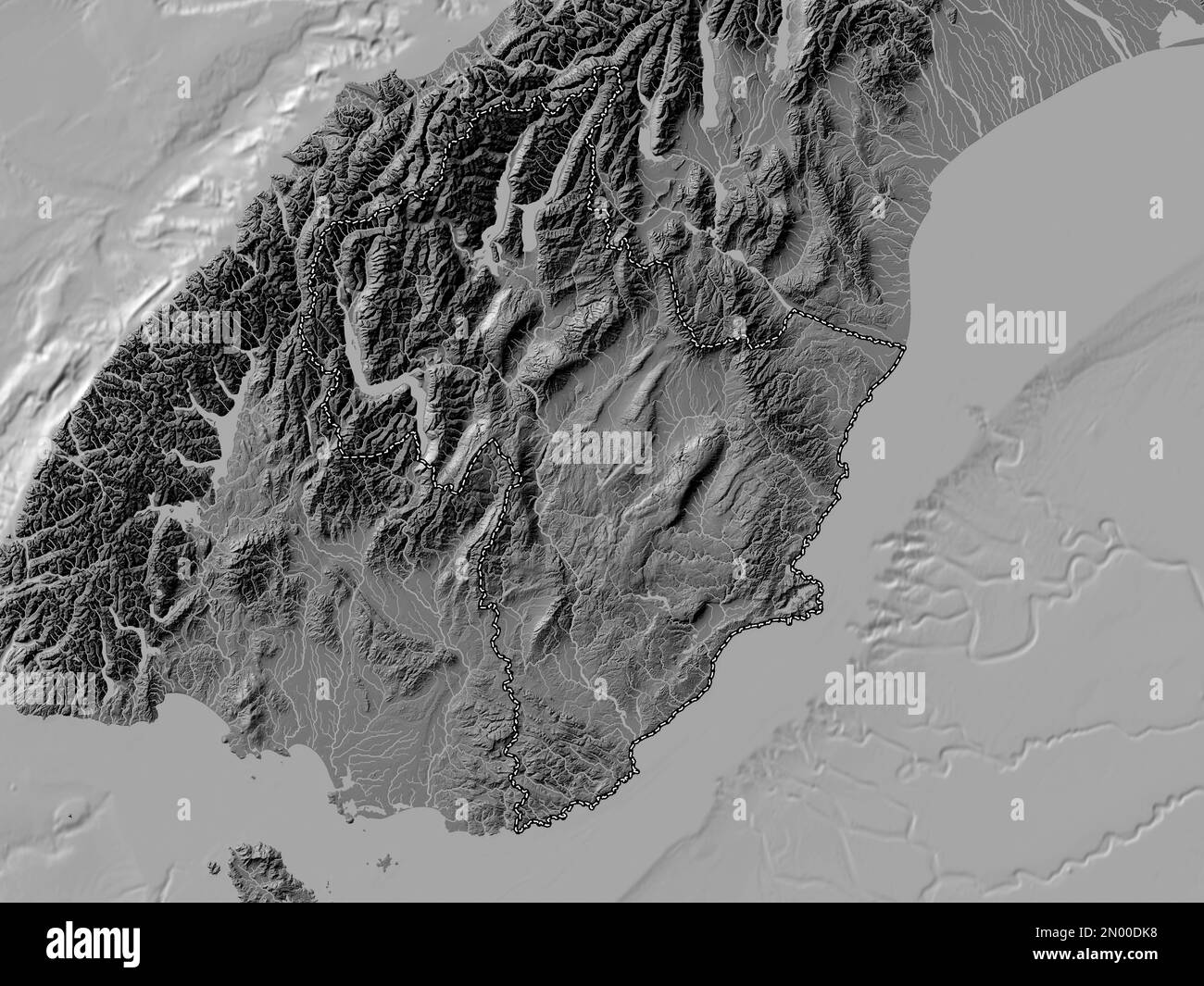 Otago, regional council of New Zealand. Bilevel elevation map with lakes and rivers Stock Photo