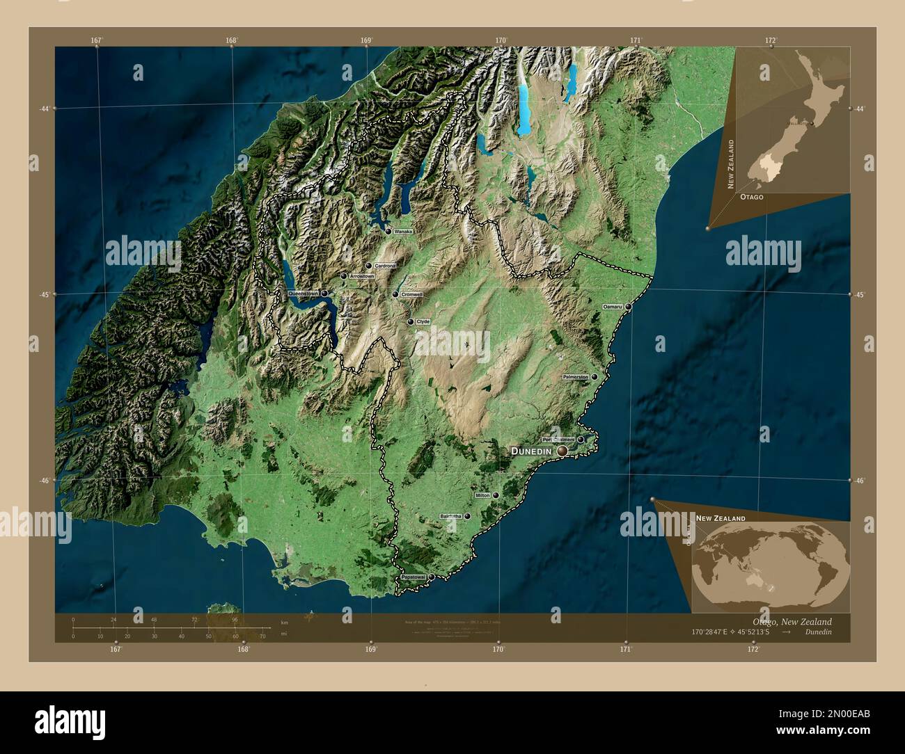 Otago, regional council of New Zealand. Low resolution satellite map ...