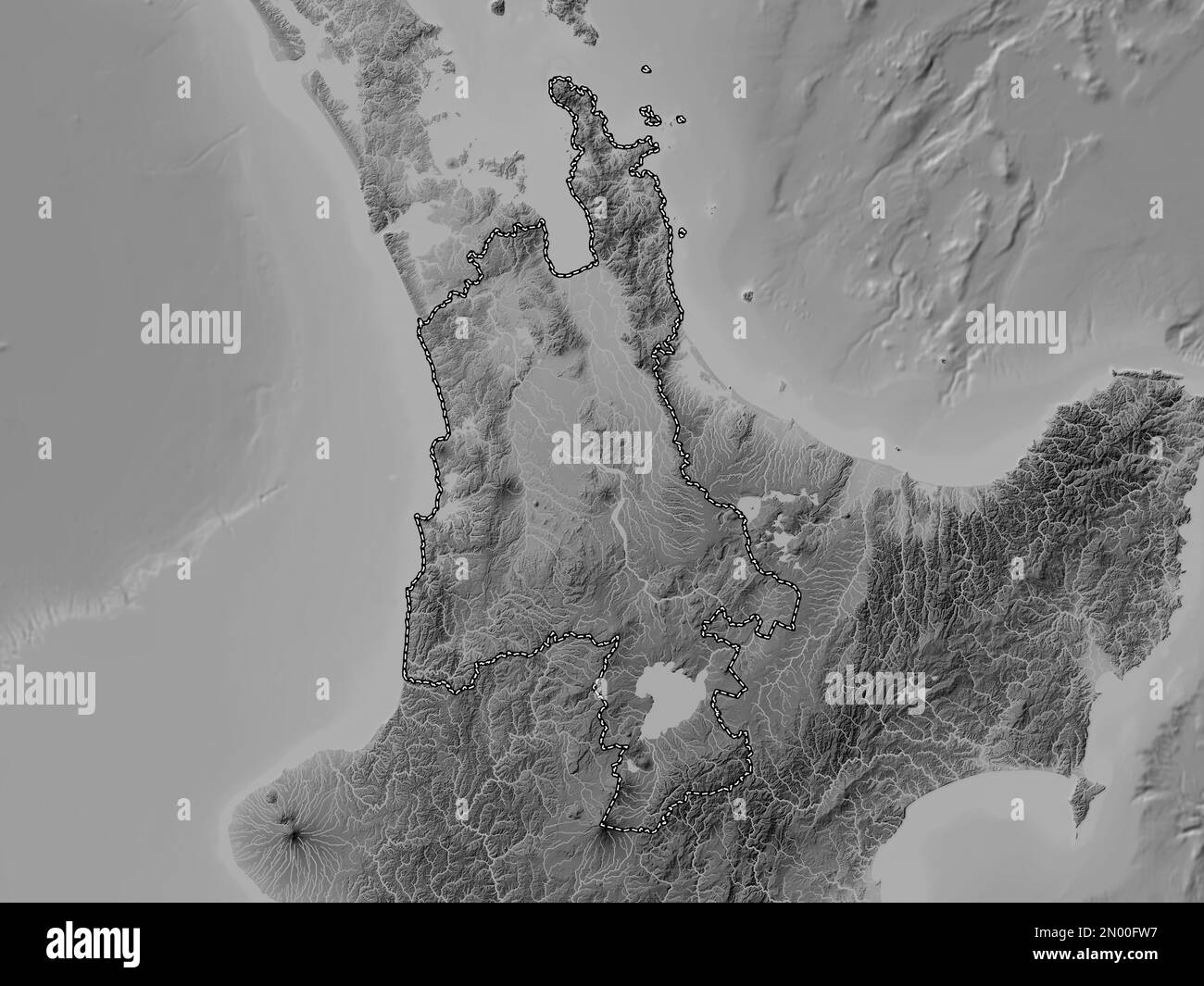 Waikato, regional council of New Zealand. Grayscale elevation map with lakes and rivers Stock Photo