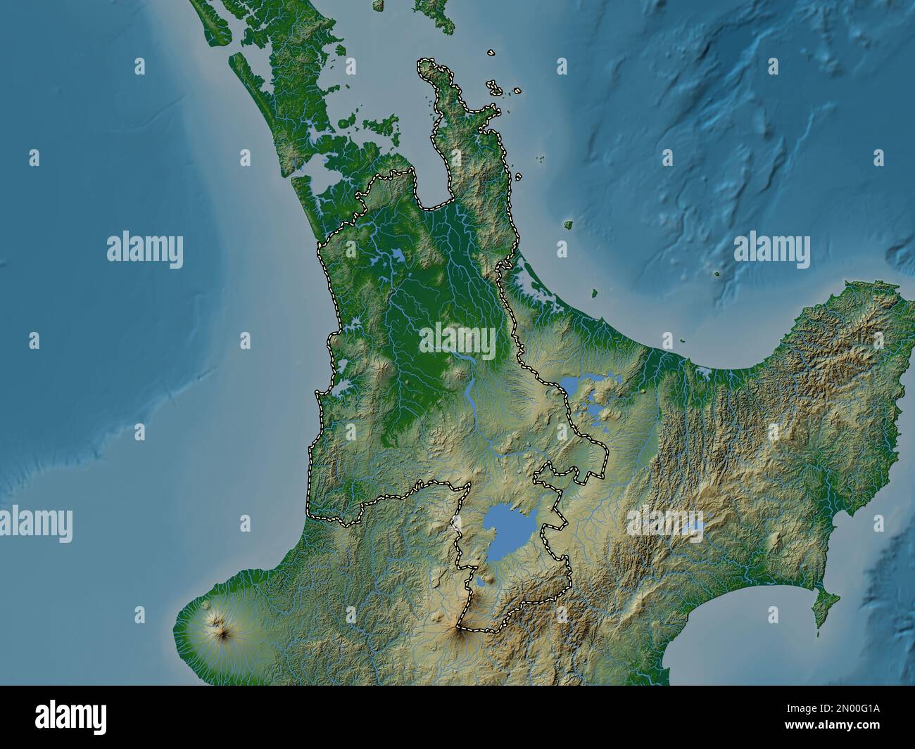 Waikato, regional council of New Zealand. Colored elevation map with lakes and rivers Stock Photo