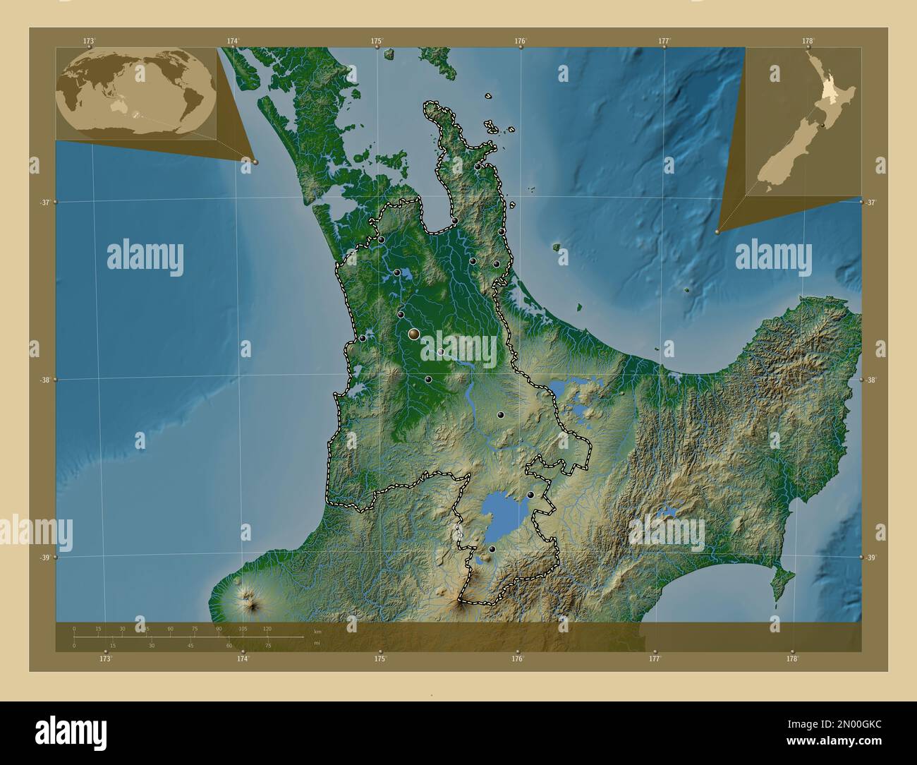 Waikato, regional council of New Zealand. Colored elevation map with ...