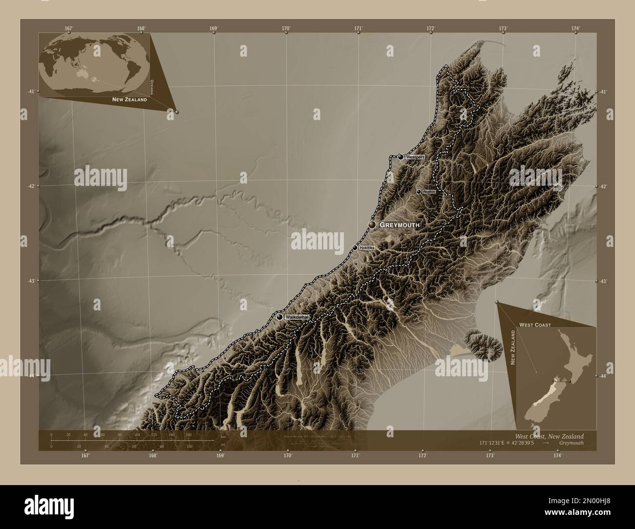 West Coast, regional council of New Zealand. Elevation map colored in