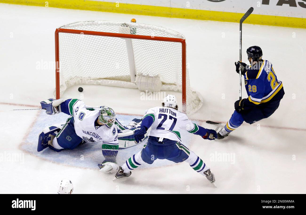 St. Louis Blues' Kyle Brodziak, right, scores past Vancouver Canucks ...