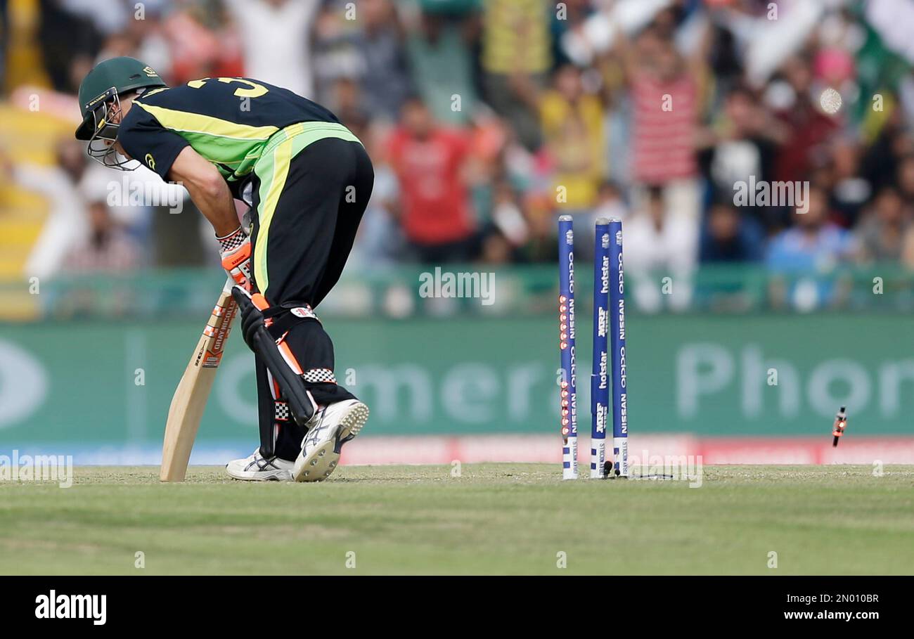 Australias David Warner looks down after he is out bowled during their ICC World Twenty20 2016 cricket match against Pakistan in Mohali, India, Friday, March 25, 2016