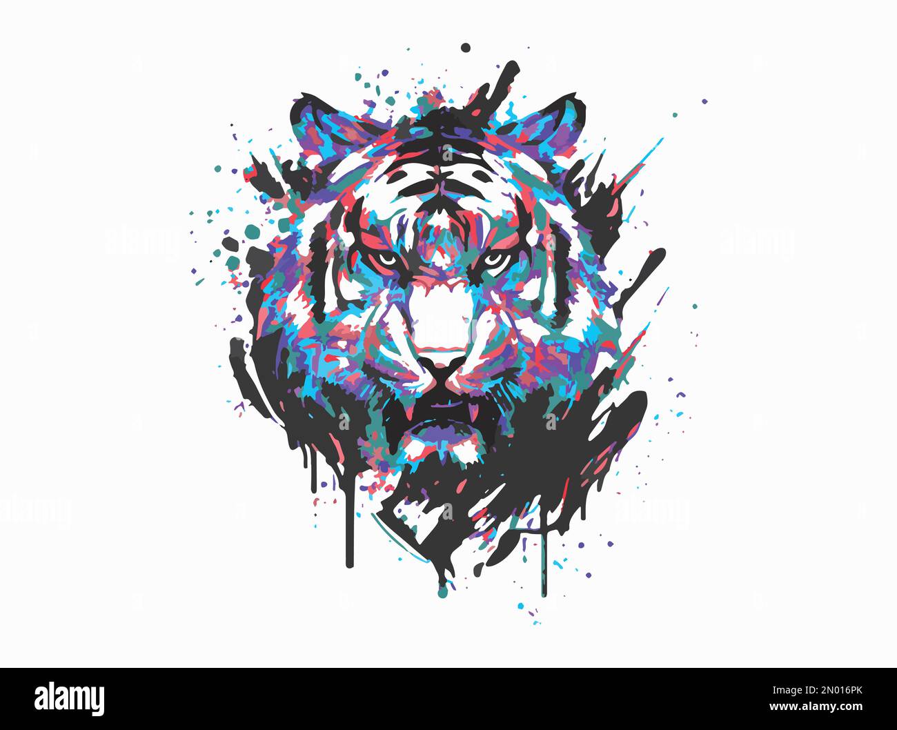 Ferocious roaring tiger vector Abstract ink splashes on the background. Stock Vector