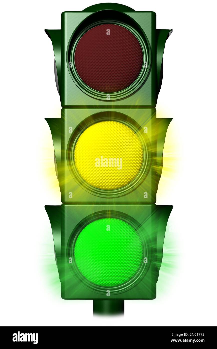 3D illustration. Traffic lights green and yellow light on white