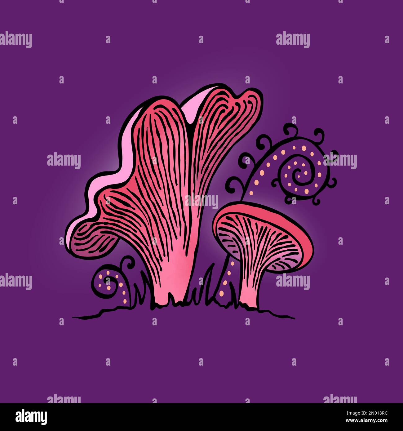 Fairytale watercolor outlined mushrooms. Glowing chanterelle witchcraft funguses design. Stock Vector