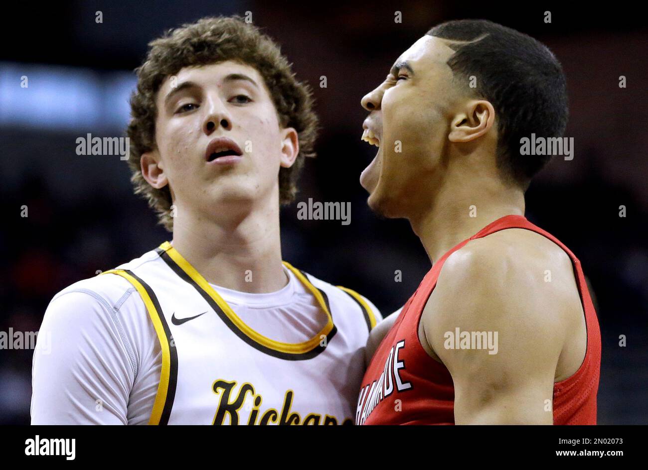 Chaminade's Jayson Tatum, right, celebrates after sinking a basket along  side Kickapoo's Jared Ridder during the first half of the Missouri Class 5  boys high school championship basketball game Saturday, March 19,