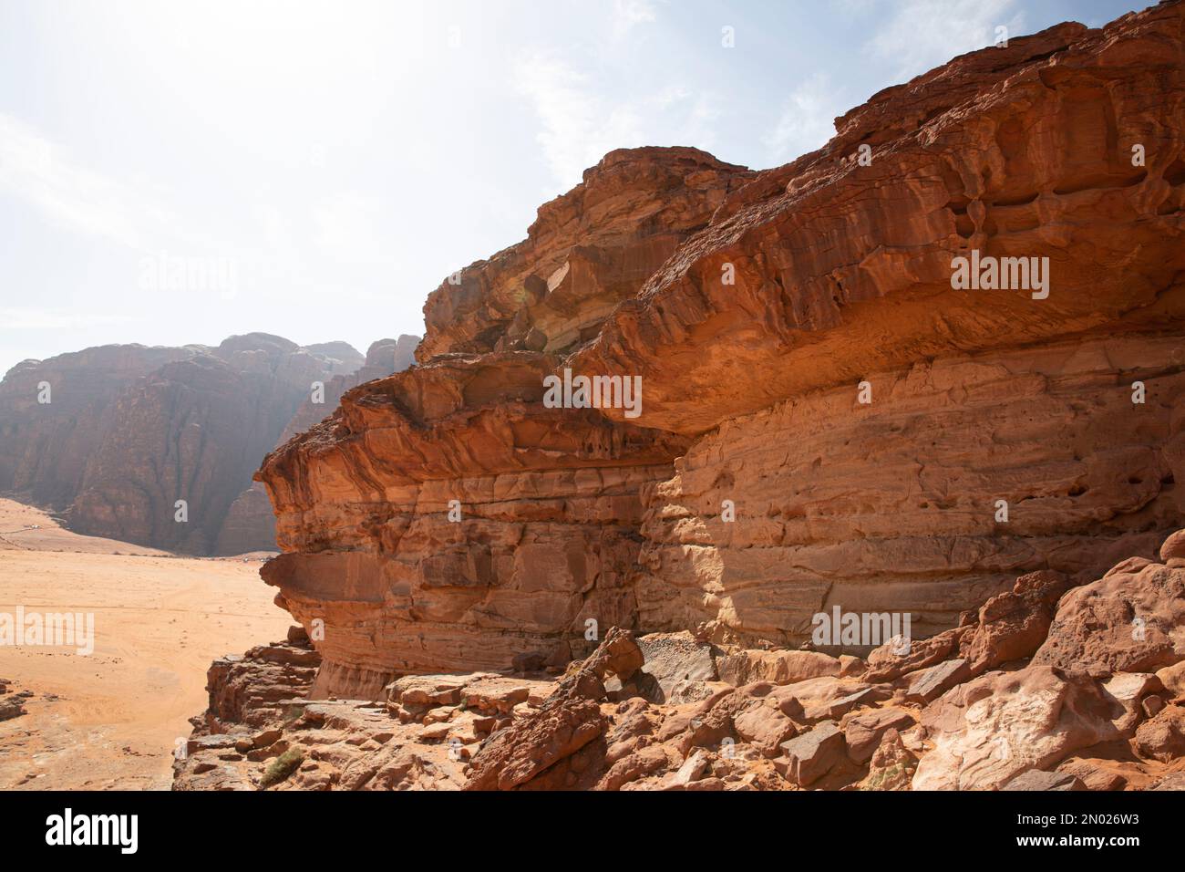 Wadi Rum desert in Jordan. Beautiful mountains rocky landscape and sand. Stock Photo