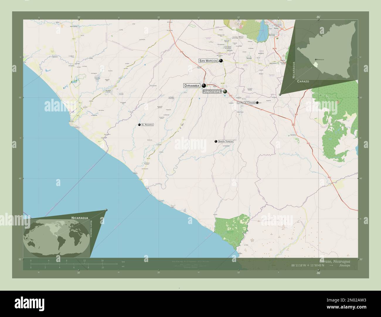 Carazo, department of Nicaragua. Open Street Map. Locations and names