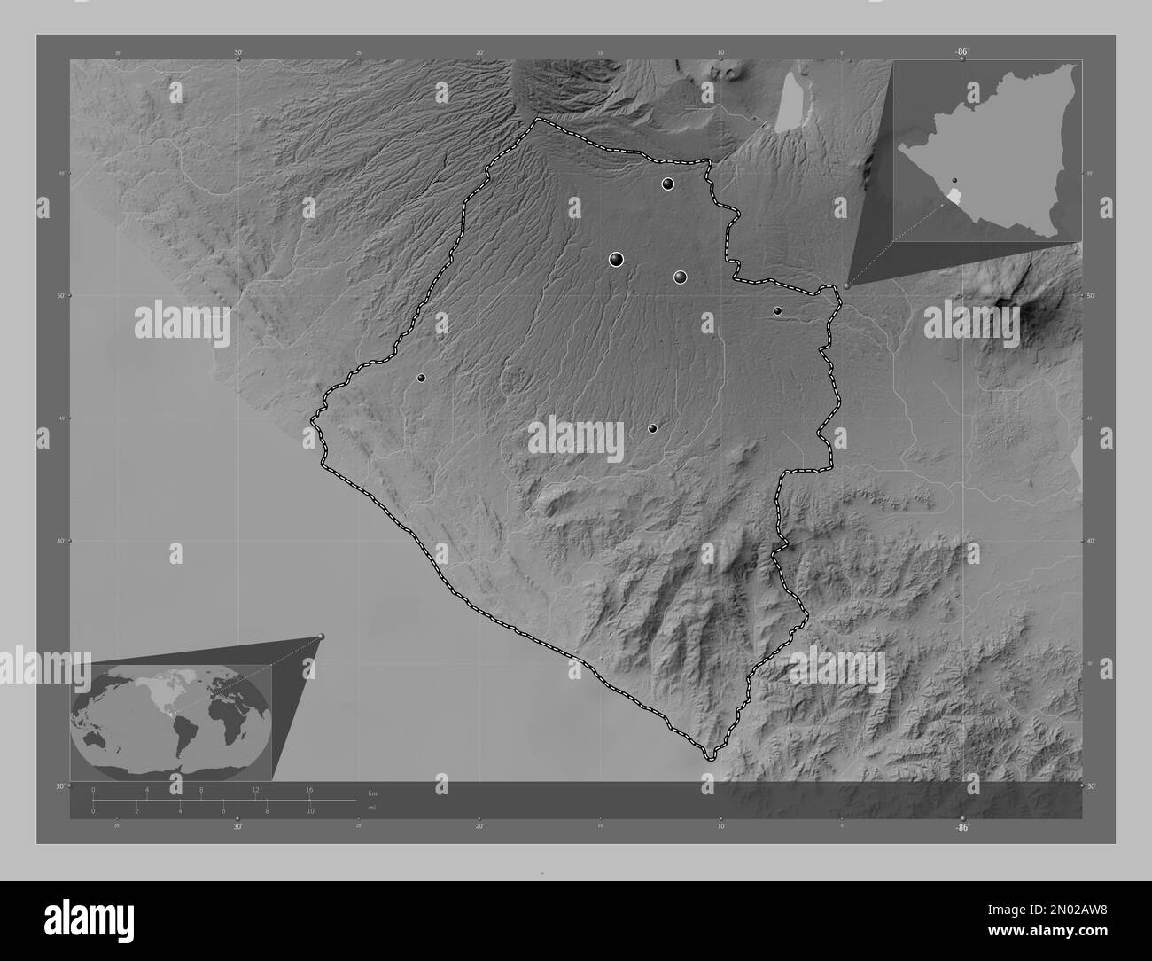 Carazo, department of Nicaragua. Grayscale elevation map with lakes and rivers. Locations of major cities of the region. Corner auxiliary location map Stock Photo