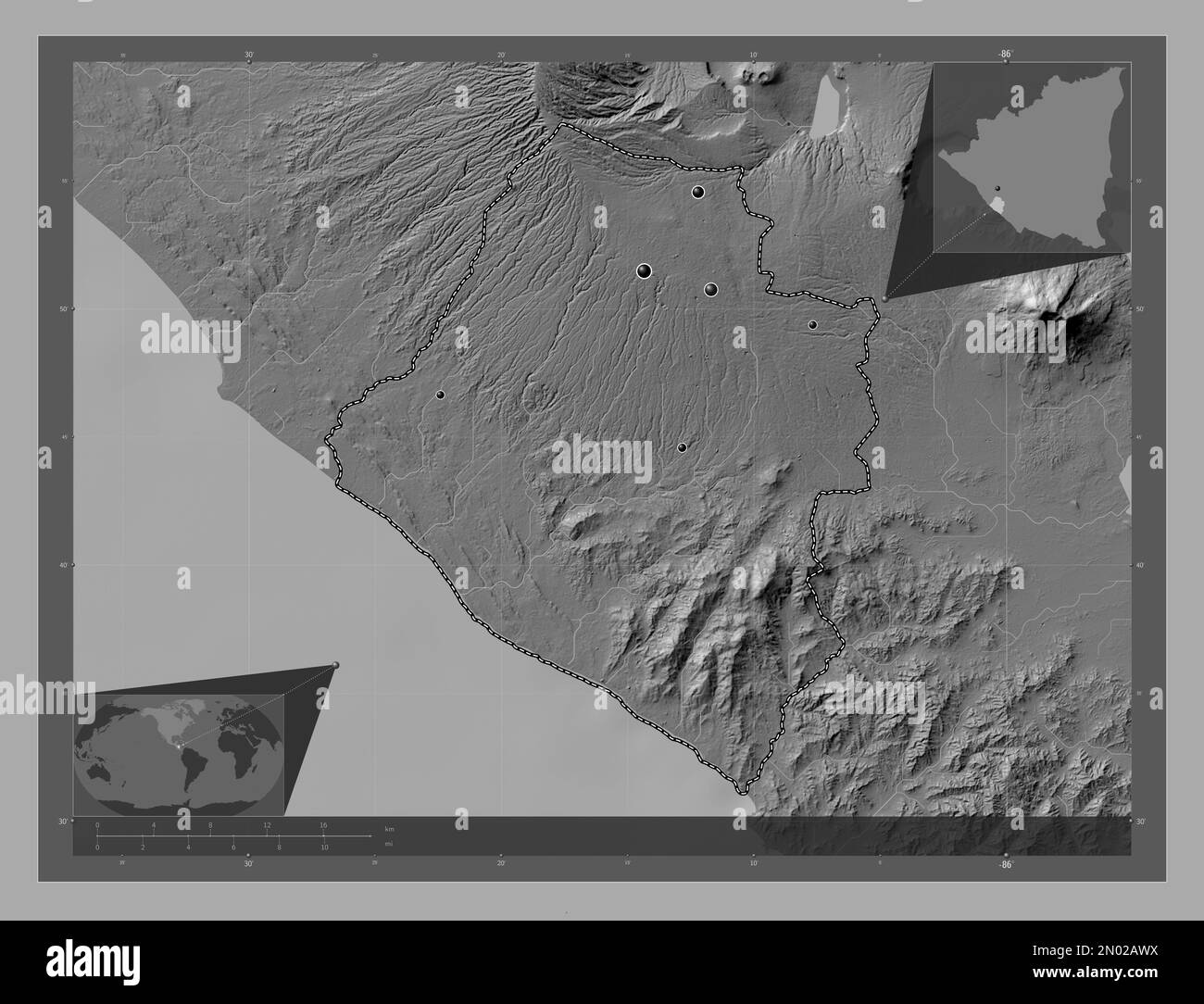 Carazo, department of Nicaragua. Bilevel elevation map with lakes and rivers. Locations of major cities of the region. Corner auxiliary location maps Stock Photo