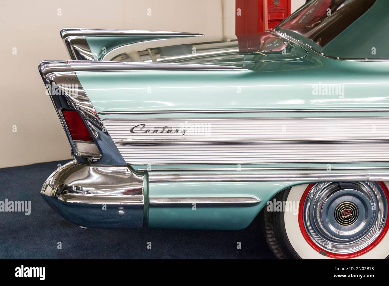 rear wing of vintage green 1958 Buick Century in the Las Vegas car museum  auto collection in The Linq hotel-casino on the strip in Las Vegas, Nevada Stock Photo