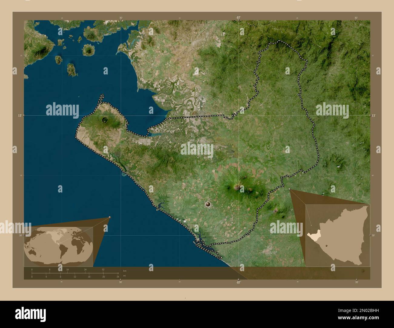 Chinandega, department of Nicaragua. Low resolution satellite map