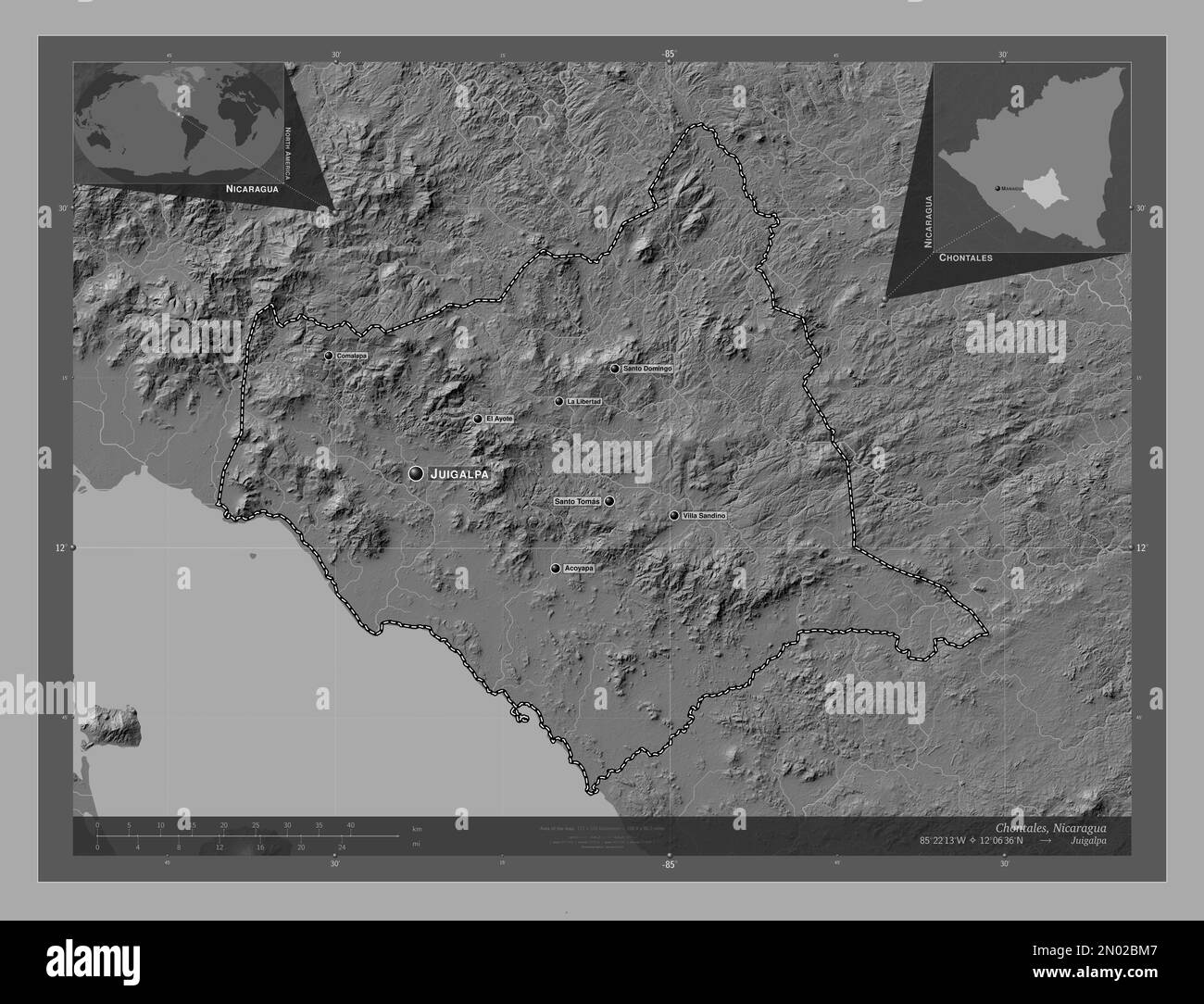 Chontales, department of Nicaragua. Bilevel elevation map with lakes