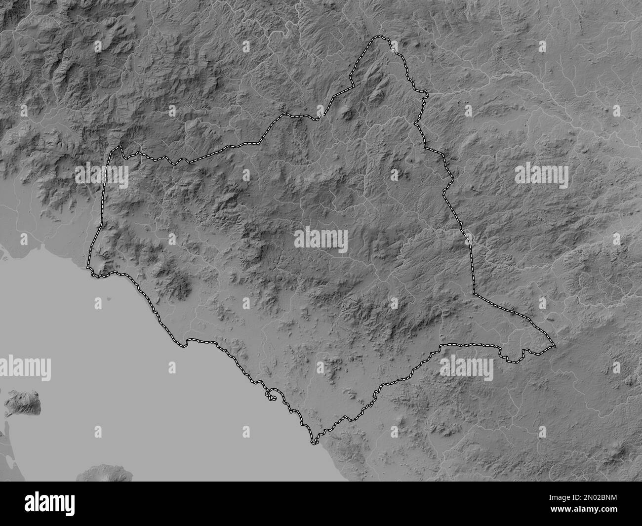 Chontales, department of Nicaragua. Grayscale elevation map with lakes