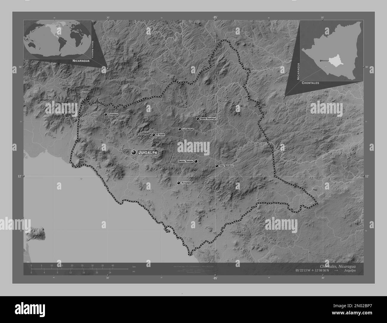 Chontales, department of Nicaragua. Grayscale elevation map with lakes