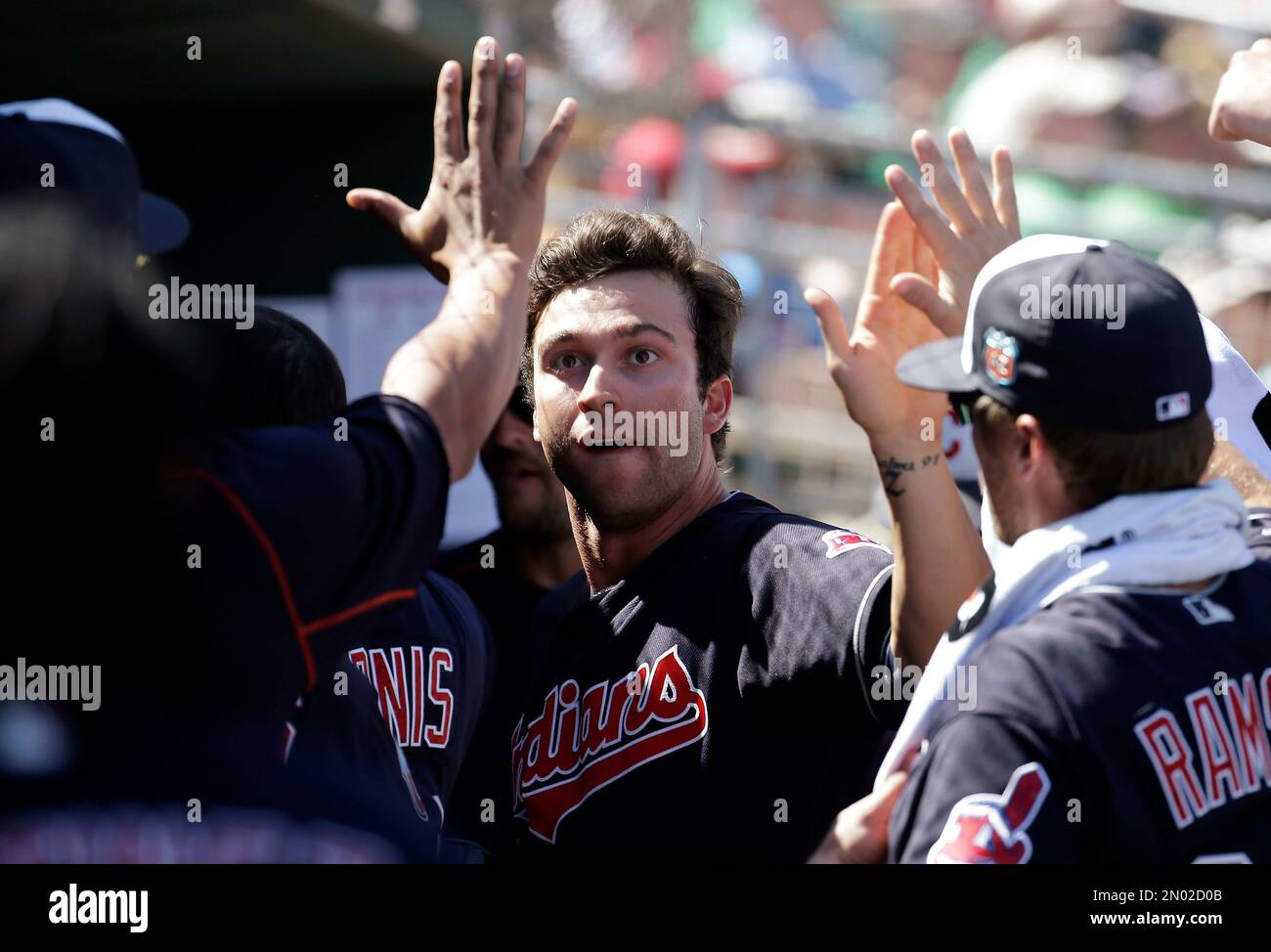 Cincinnati Reds' Tyler Naquin celebrates a 5-4 win against the Cleveland  Guardians in a baseball game, Tuesday, May 17, 2022, in Cleveland. (AP  Photo/Ron Schwane Stock Photo - Alamy