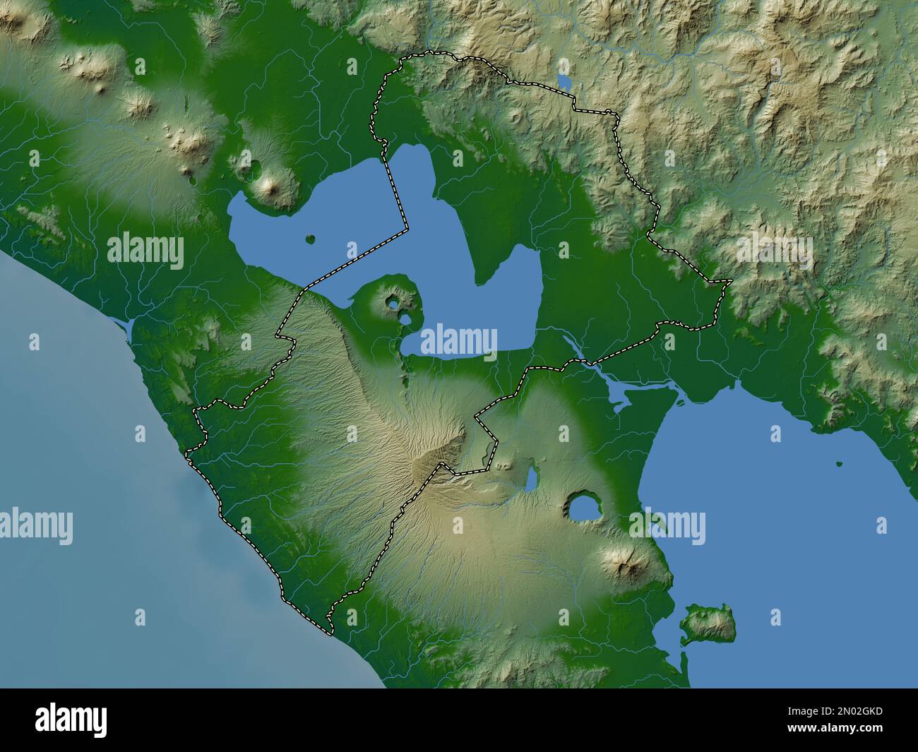 Managua, department of Nicaragua. Colored elevation map with lakes and rivers Stock Photo Alamy