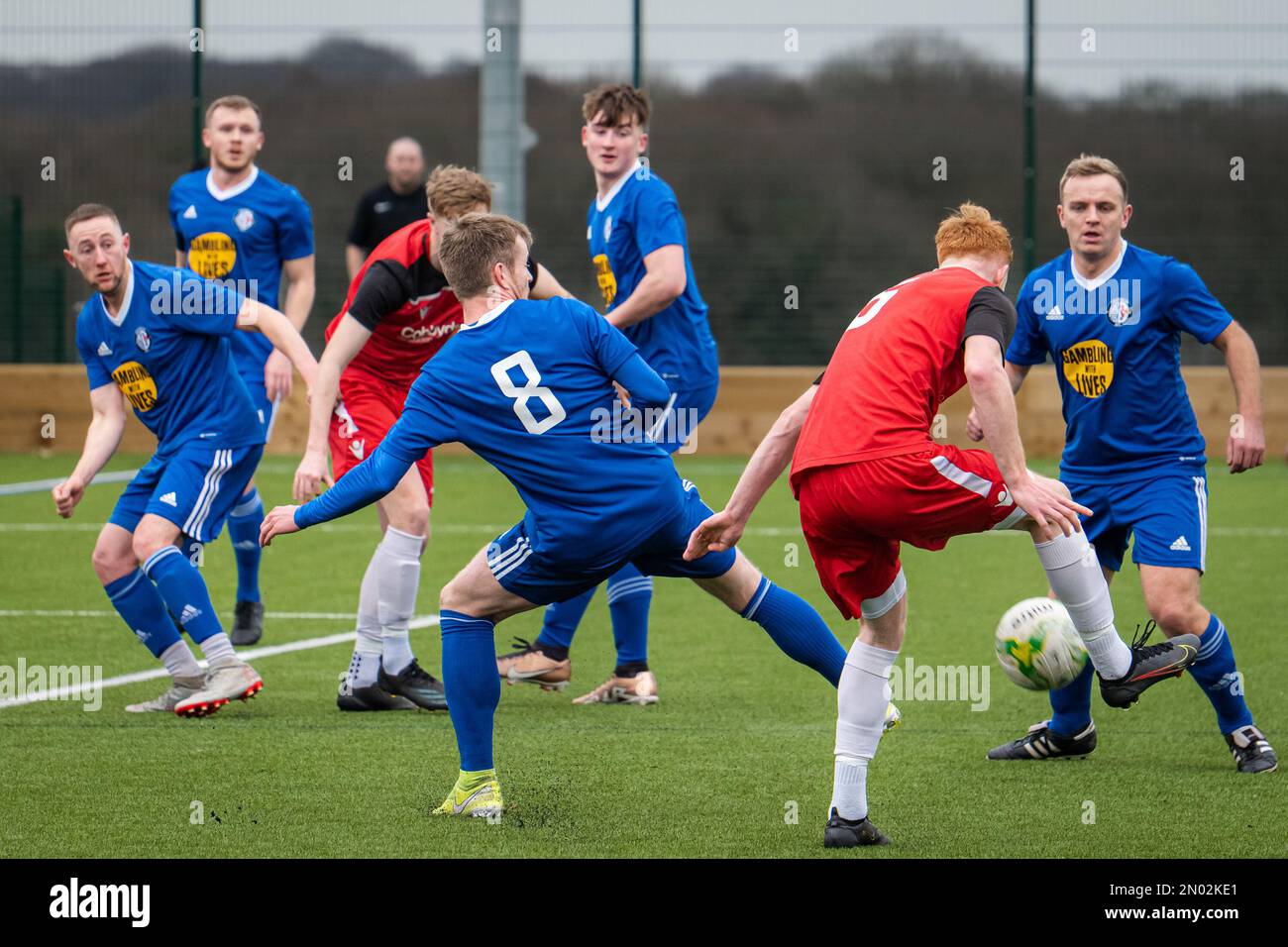Leeds, UK. 4th February 2022. Amateur footballers playing football