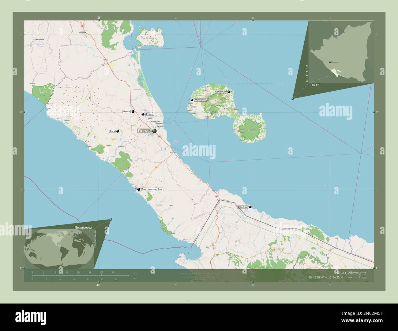 Rivas, department of Nicaragua. Open Street Map. Locations and names of