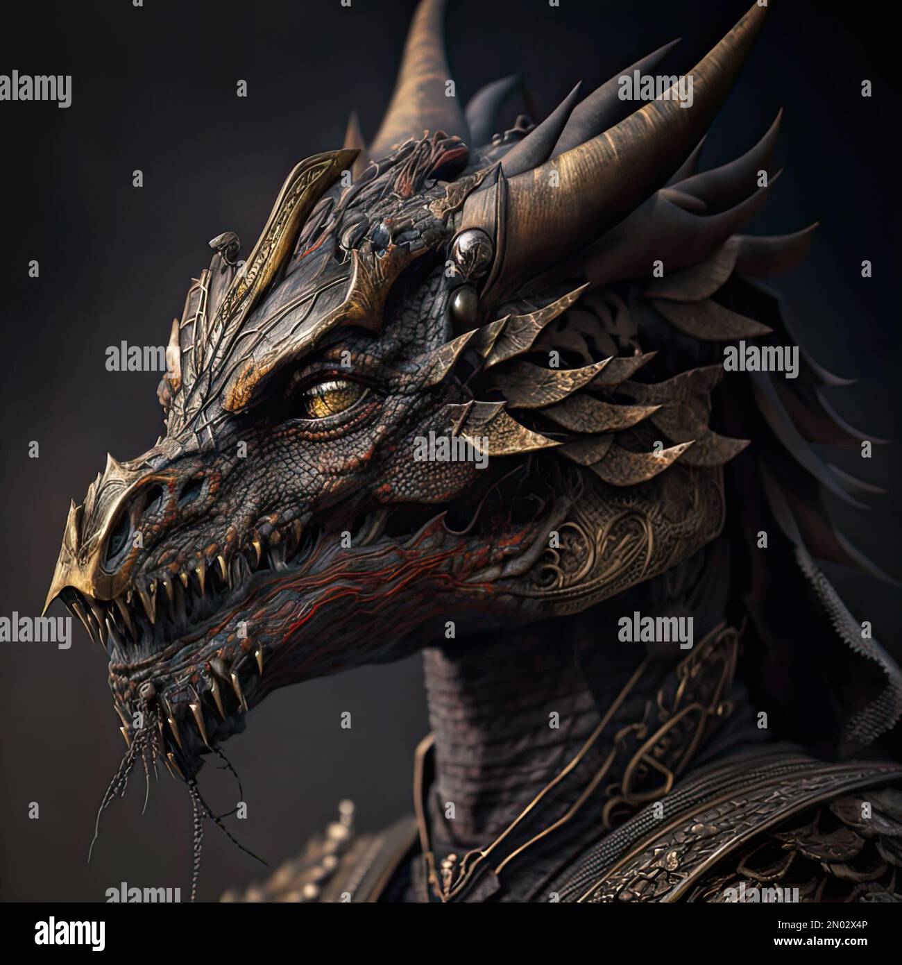 An AI generated illustration of the head of a dragon against dark ...