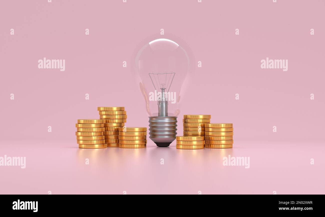 Light bulb with coins stack. Creative ideas for saving money concept. Rising energy cost concept. 3d illustration. Stock Photo