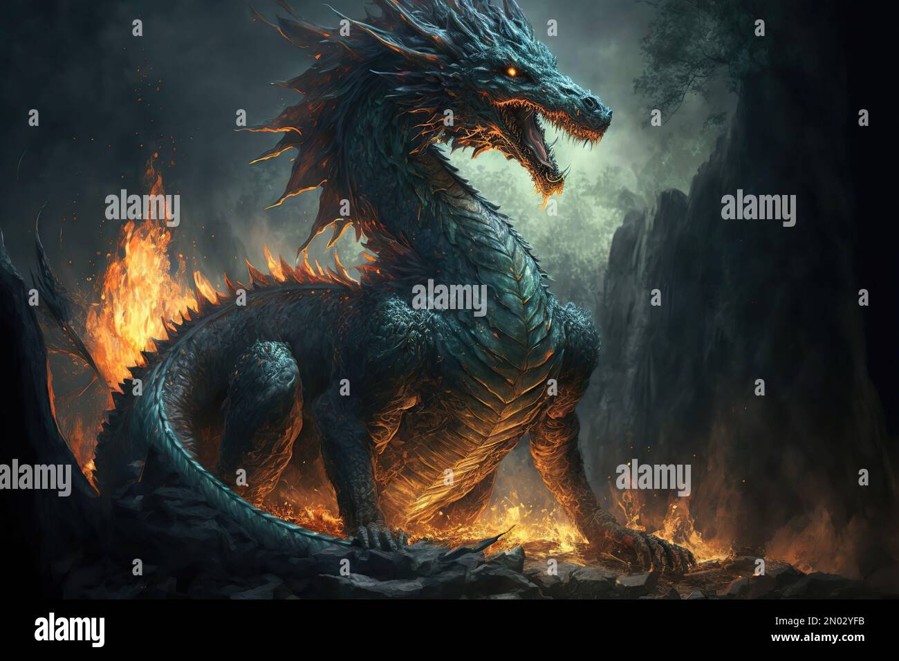Old ancient fire dragon, glowing eyes, thick scales, dragon mouth with