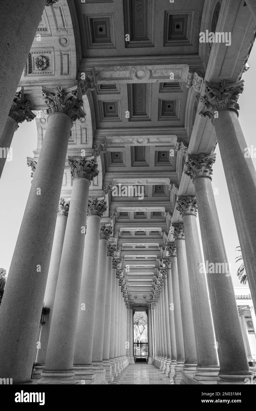 The Papal Basilica of Saint Paul Outside the Walls is one of the four papal basilicas of Rome. It rises along the Via Ostiense, in the district of the Stock Photo