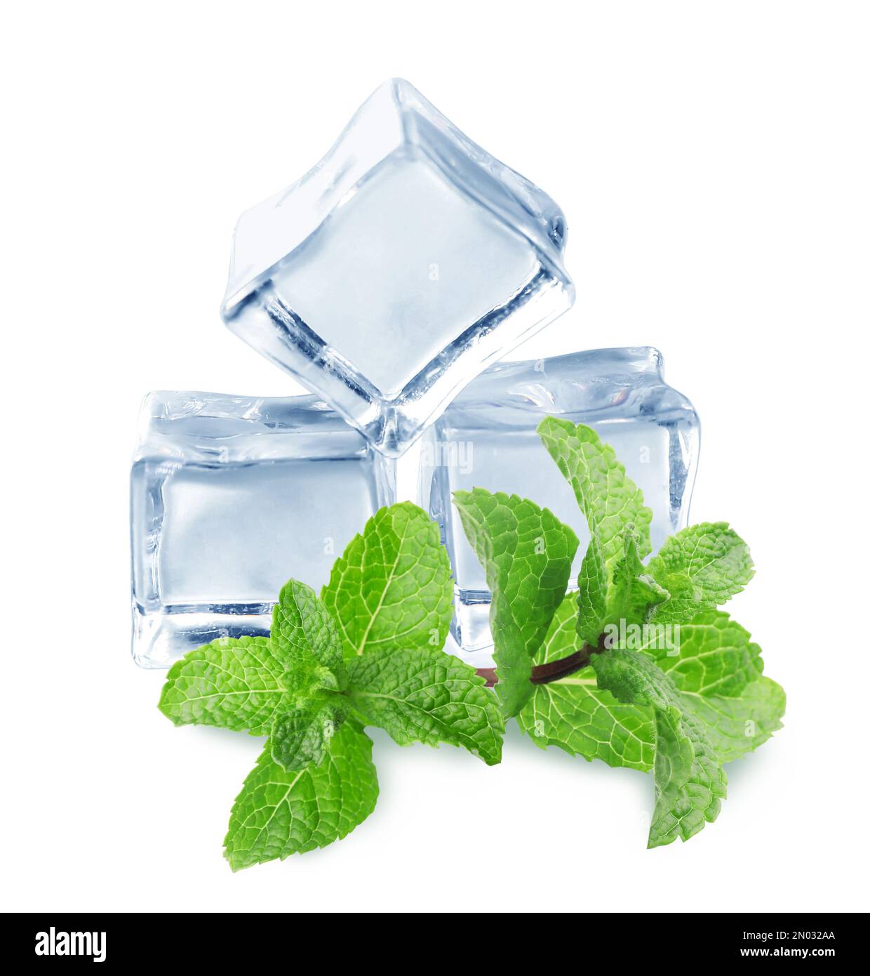 Ice cubes and green mint leaves on white background Stock Photo - Alamy
