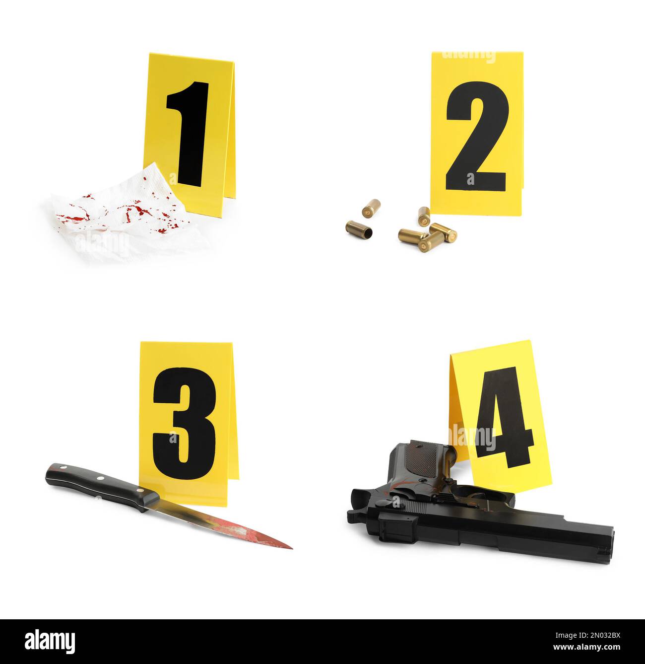 Crime scene investigation. Set of evidence identification markers and clues on white background Stock Photo