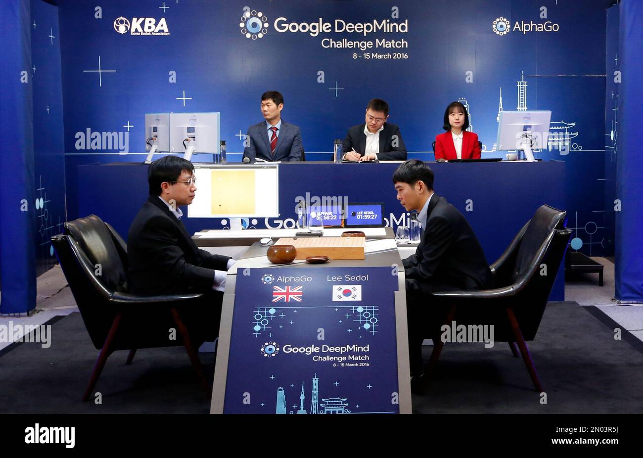 South Korean professional Go player Lee Sedol, right, prepares for his