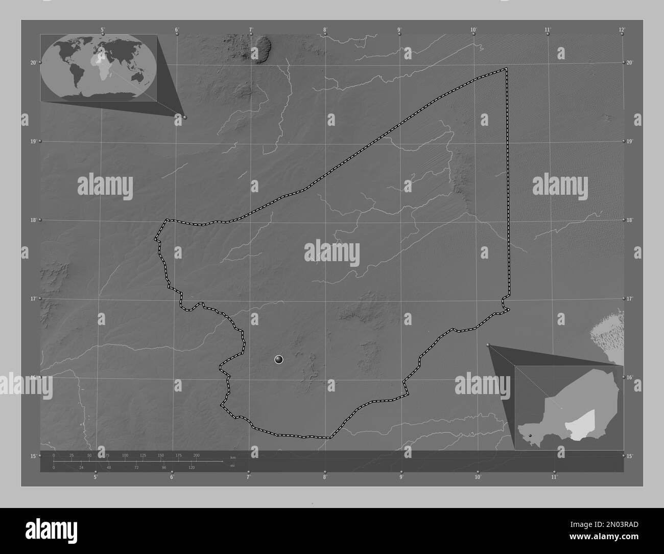 Zinder, department of Niger. Grayscale elevation map with lakes and rivers. Corner auxiliary