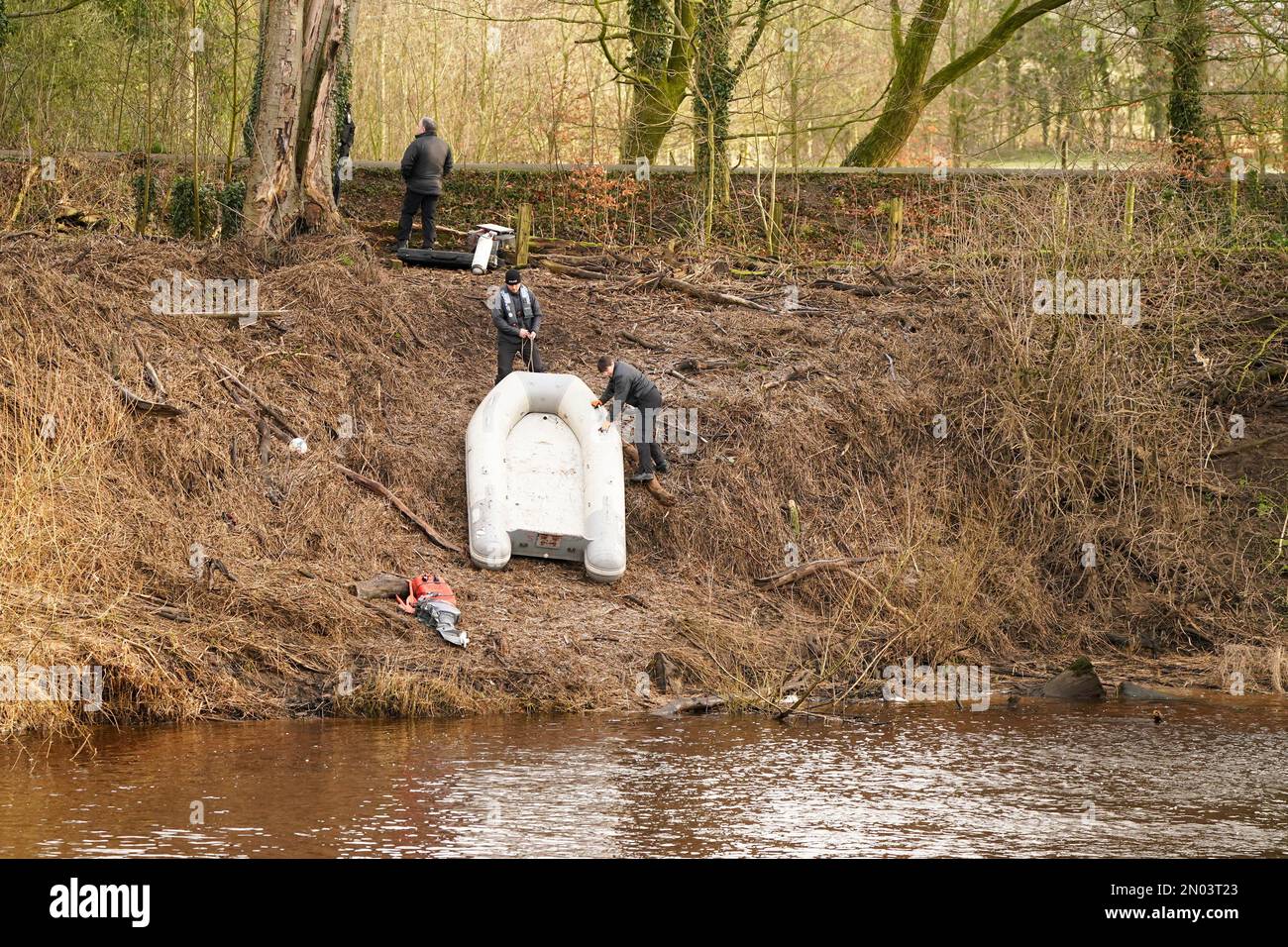 Police search teams by the River Wyre in St Michael's on Wyre, Lancashire, as police continue their search for missing woman Nicola Bulley, 45, who was last seen on the morning of Friday January 27, when she was spotted walking her dog on a footpath by the nearby River Wyre. Picture date: Sunday February 5, 2023. Stock Photo