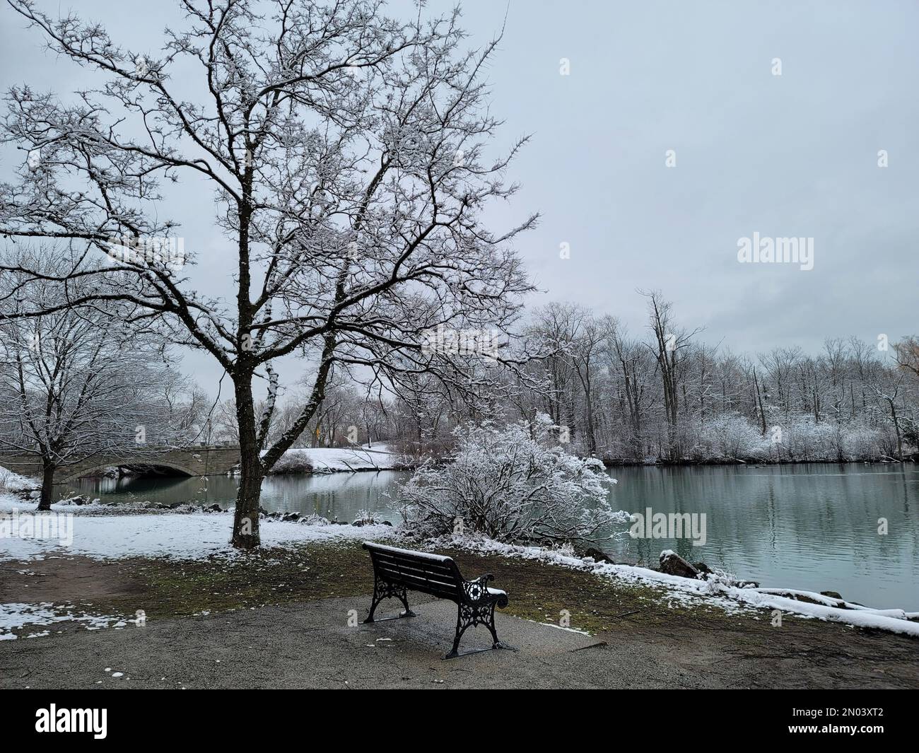 A beautiful view of an empty bench in the winter at Dufferin Islands in