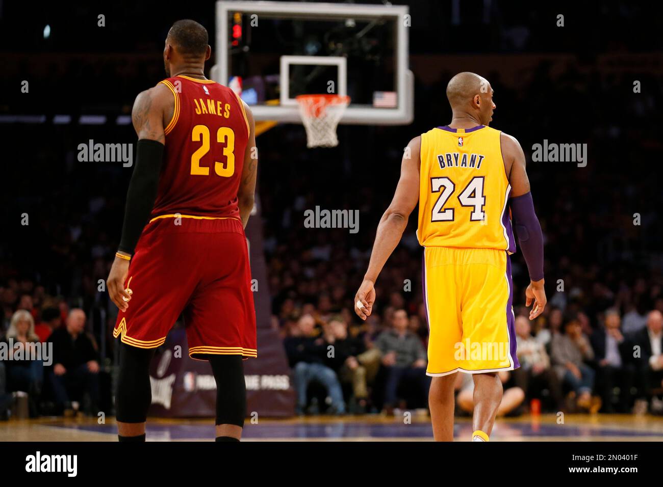 Cleveland Cavaliers' LeBron James and Los Angeles Lakers' Kobe Bryant are  seen on the court together during an NBA basketball game, Thursday, March  10, 2016, in Los Angeles. The Cavaliers won 120-108. (