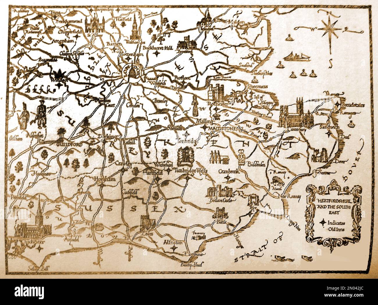 A 1946 map of part of southern England showing inns and places of interest. Stock Photo