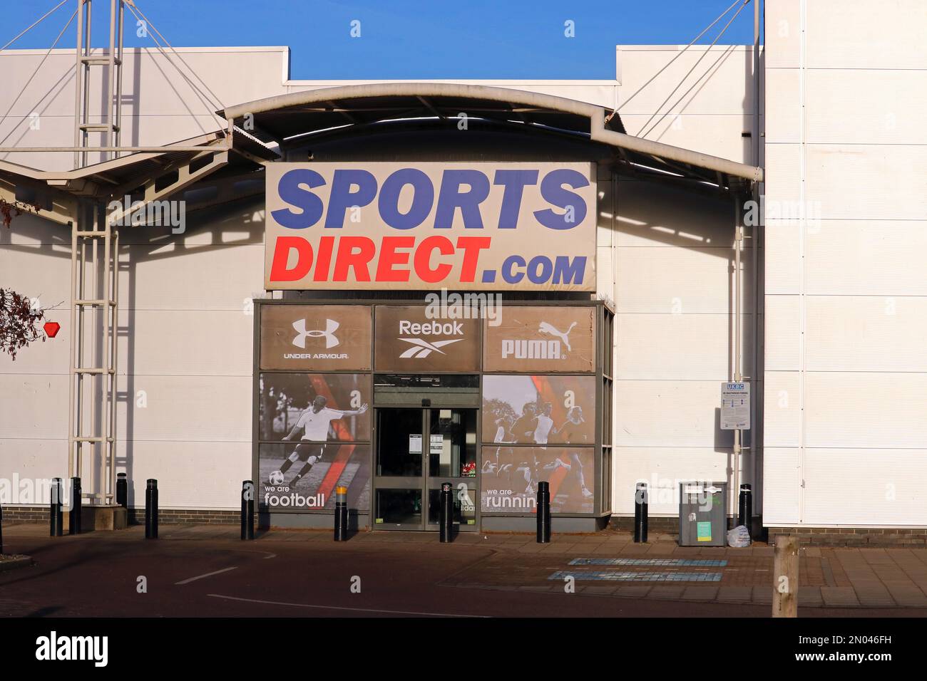 Sports direct shop or store in Kempston, Bedfordshire, United Kingdom. A British retail sports group owned by Department store chain House of Fraser. Stock Photo