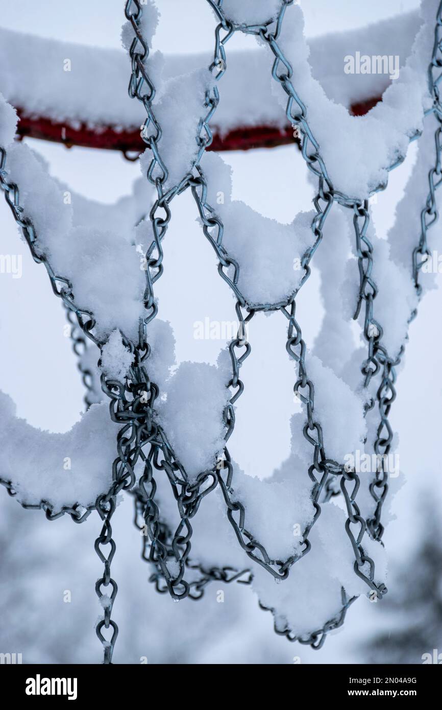 snow texture on snowy fence, winter texture, abstrac picture Stock Photo