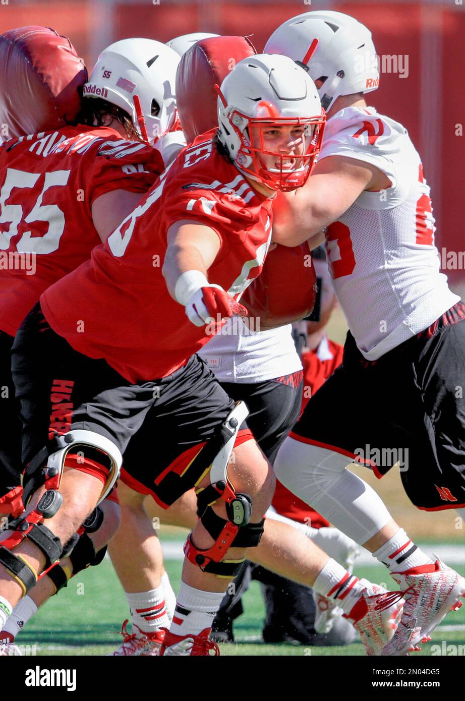 Nebraska offensive lineman Nick Gates (68) participates in a drill on