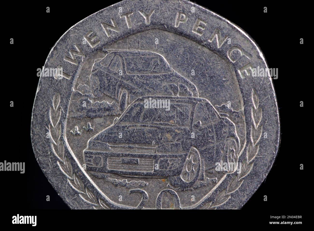 Reverse side of a 1997 Isle of Man 20p coin commemorating the islands annual car rally Stock Photo