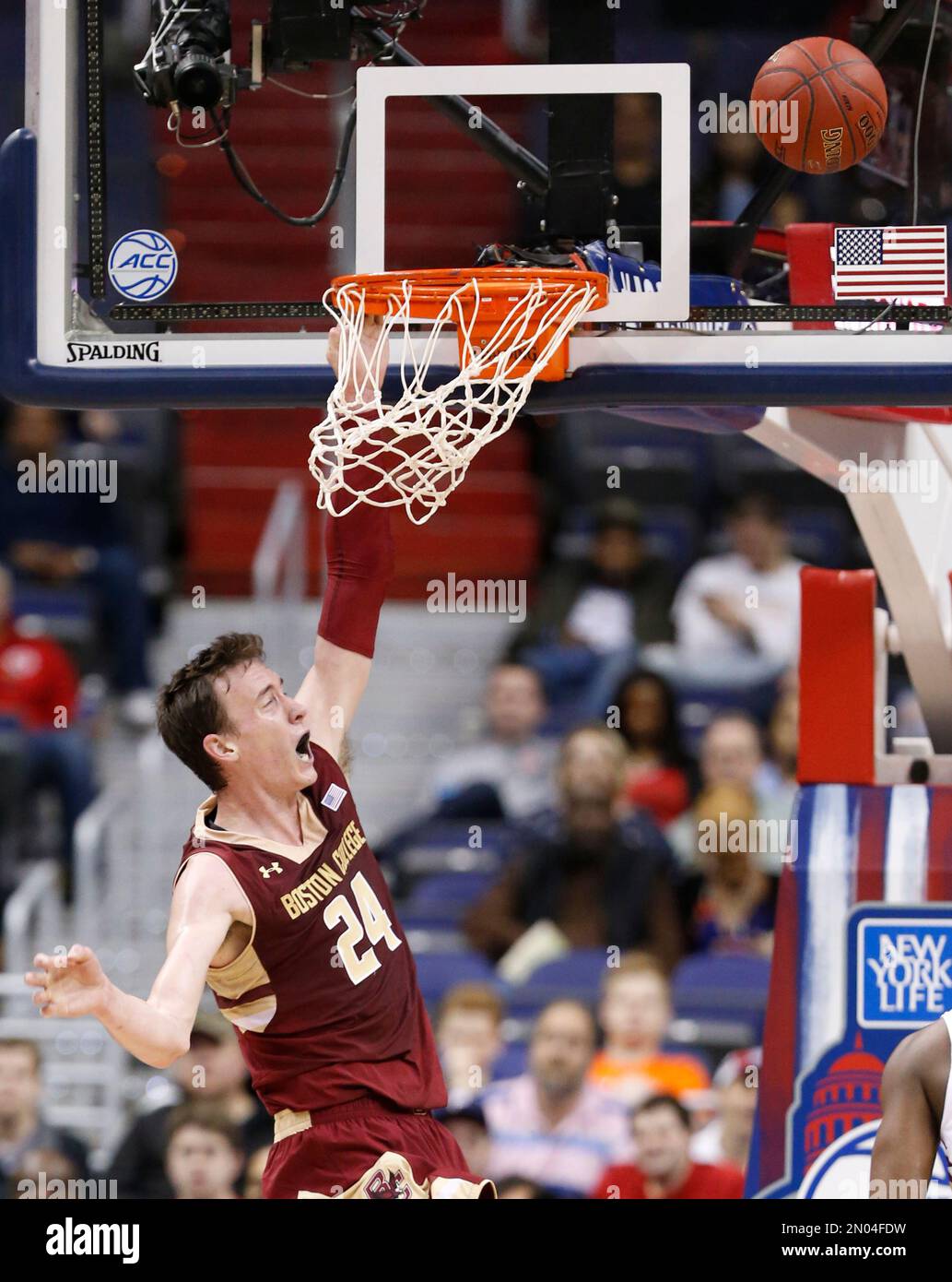 Boston College center Dennis Clifford 24 reacts to a missed dunk during the first half of an NCAA college basketball game against Florida State in the Atlantic Coast Conference tournament in Washingto...