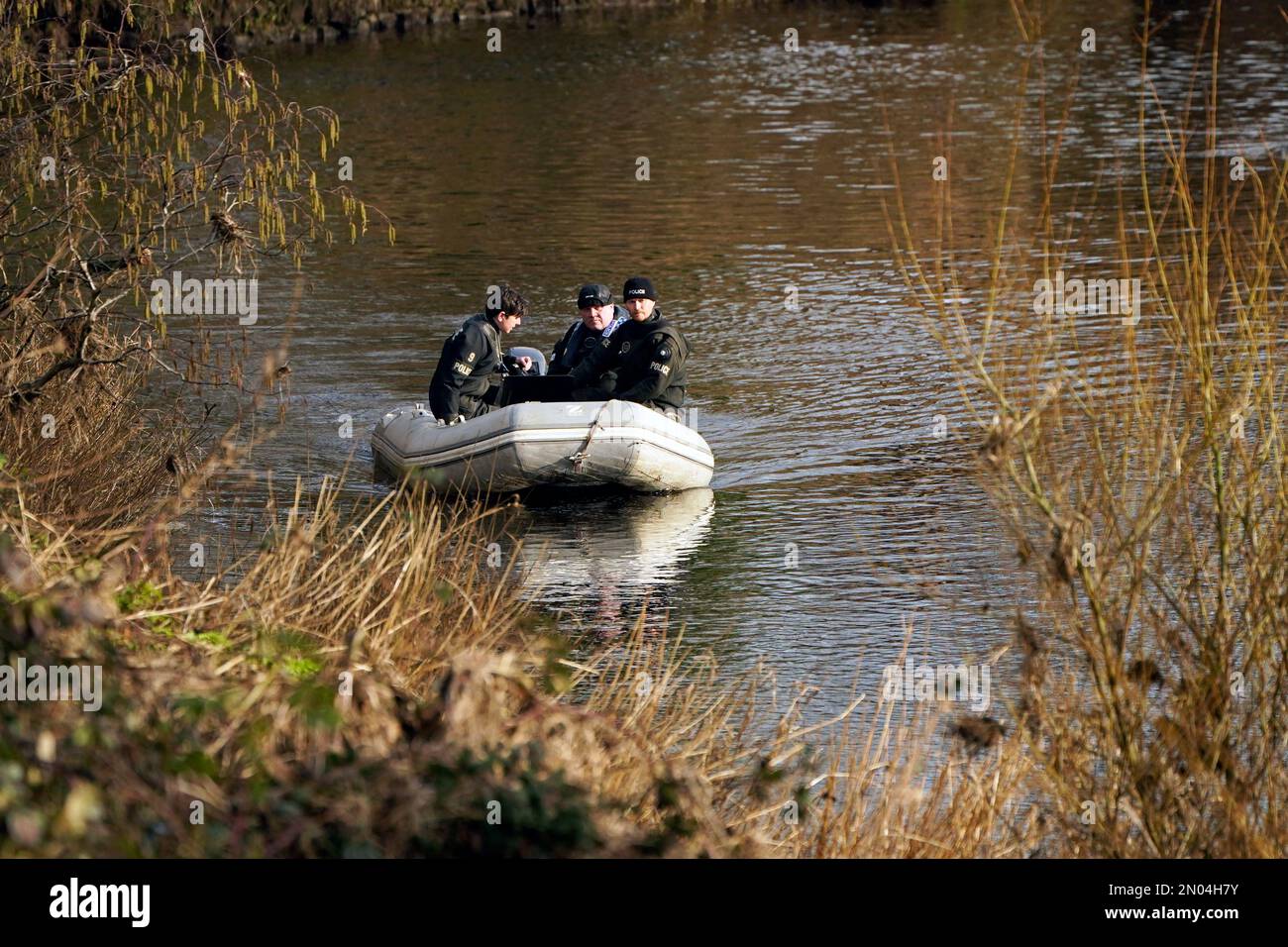 Police search teams on the River Wyre in St Michael's on Wyre, Lancashire, as police continue their search for missing woman Nicola Bulley, 45, who was last seen on the morning of Friday January 27, when she was spotted walking her dog on a footpath by the nearby River Wyre. Picture date: Sunday February 5, 2023. Stock Photo