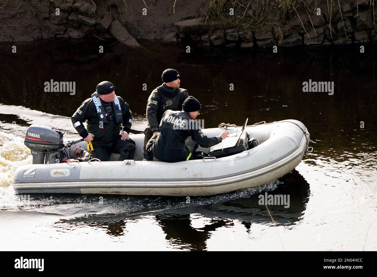 Police search teams on the River Wyre in St Michael's on Wyre, Lancashire, as police continue their search for missing woman Nicola Bulley, 45, who was last seen on the morning of Friday January 27, when she was spotted walking her dog on a footpath by the nearby River Wyre. Picture date: Sunday February 5, 2023. Stock Photo