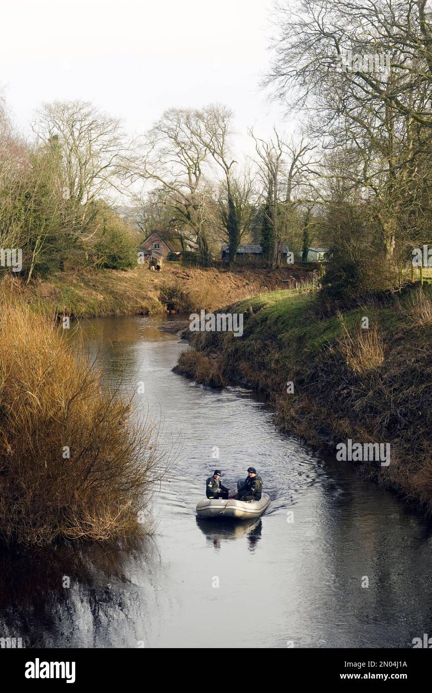 Police search teams on the River Wyre in St Michael's on Wyre, Lancashire, as police continue their search for missing woman Nicola Bulley, 45, who was last seen on the morning of Friday January 27, when she was spotted walking her dog on a footpath by the nearby River Wyre. Picture date: Sunday February 5, 2023. Stock Photo